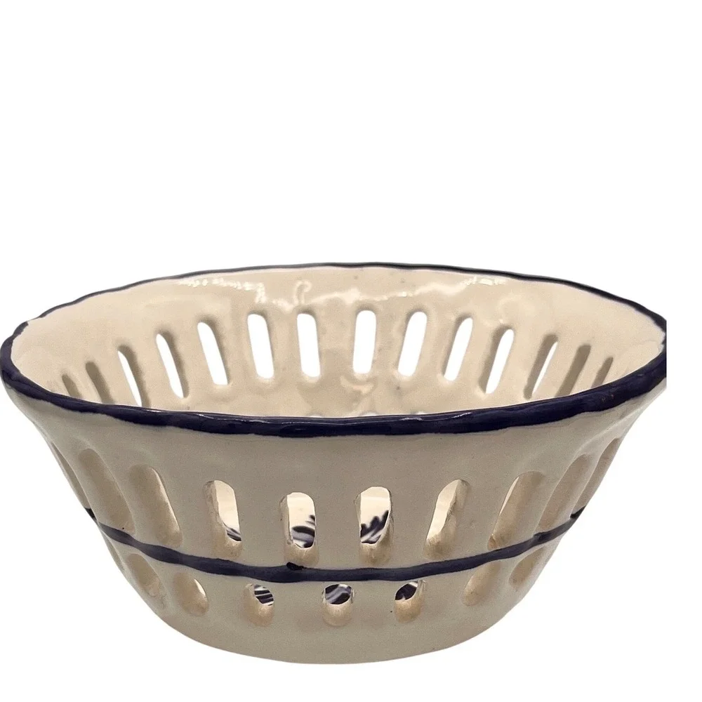 Hand Painted Portugal Pierced Berry Bowl Blue  White Floral Reticulated Strainer